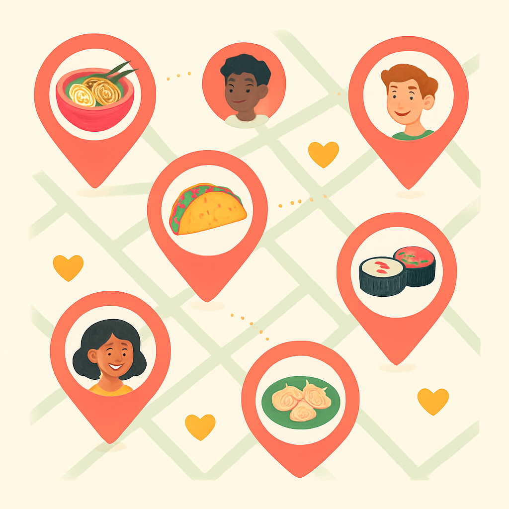 Playful city food map with restaurant pins, wishlist hearts, and local foodie avatars connected to their recommendations